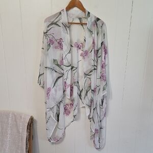 1.4.3. Story by Line Up Floral Iris Lavendar Green Kimono Beach Cover Up Women L